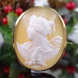 A 19th century relief carved shell cameo panel brooch, depicting Eos, Goddess of the Dawn, in