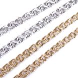 A modern silver double-link necklace, length 48cm, and a similar gold plated necklace, length