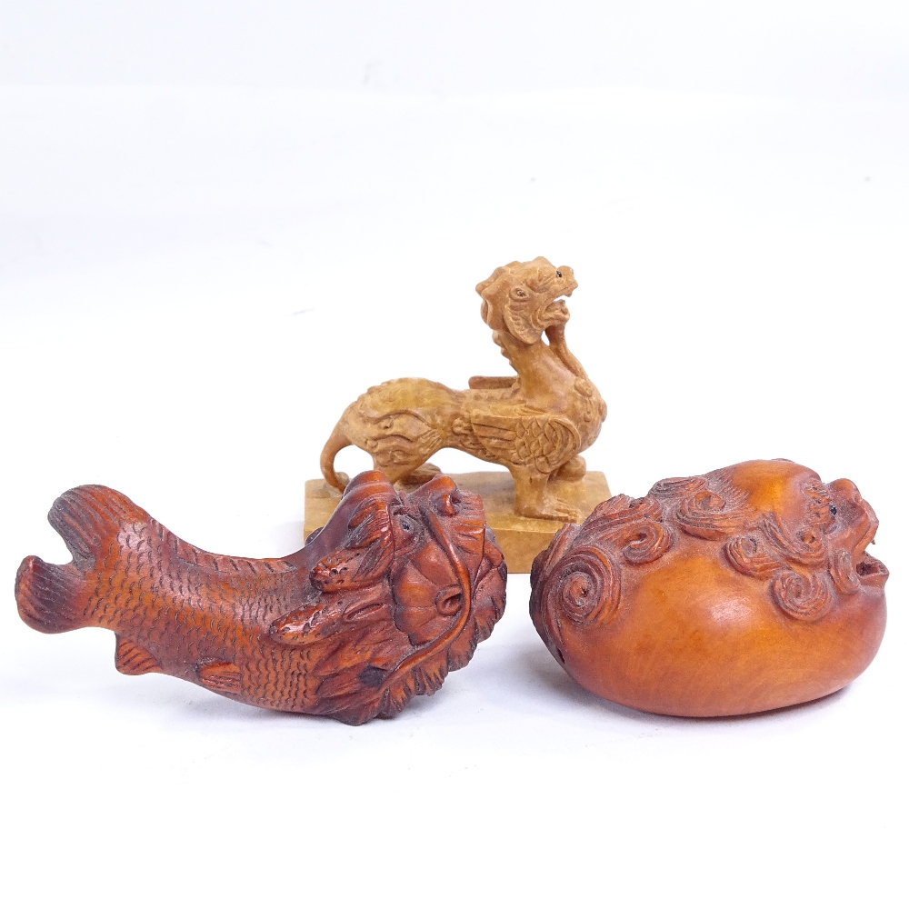 3 Japanese carved wood dragon design netsuke, including a dragon fish, length 6.5cm (3) - Image 2 of 3