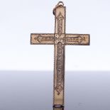 An Antique unmarked gold cross pendant, allover engraved decoration, height excluding bale 68.1mm,
