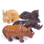 4 Japanese carved wood animal netsuke, including 2 signed rhino, length 6.5cm