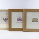 Jenny Tapping, etching, hearts and roses, 4" x 4", and Liz Bishop, 2 miniature coloured etchings,