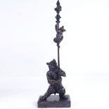 A patinated bronze bear with cat on a pole, on marble base, height 32cm