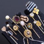 A group of various Antique and Vintage stickpins, gemstones include ruby opal and banded agate