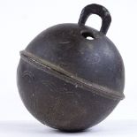 A large patinated bronze rumbler bell, monogram RW, diameter 12cm