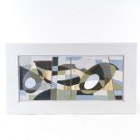 Mixed media paint/collage, abstract composition in painted frame, overall frame size 16.5" x 30"