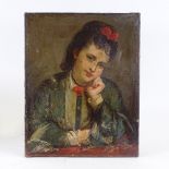 19th century French School, oil on canvas, portrait of a woman, unsigned, 16" x 13", unframed A tear