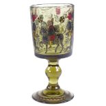 A 19th century Bohemian olive green glass goblet, in the manner of Fritz Heckert, with hand