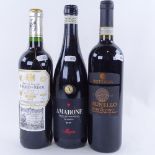 3 bottles of Italian and Spanish red wine, 2007 Amarone, Allegrini, 2012 Brunello "Il Vino dei