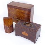 A Victorian mahogany tea caddy in the form of a knife box, height 14cm, width 9cm, a mahogany