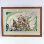 Gilham, watercolour, surrealist composition, signed, 15" x 25", framed Some light foxing,