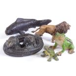 A group of cold painted and patinated bronze animals, plus 1 cold painted metal miniature frog, fish