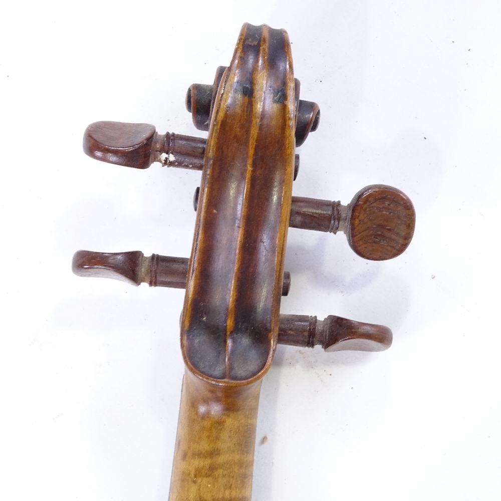 An 18th century violin, indistinct label with date 1703/09?, back length 35cm, with bow and case - Image 9 of 15
