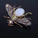 A large opal "yellow" diamond ruby and diamond figural bug pendant/brooch, set with large cabochon