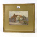 J Owen, watercolour, village pub, 7" x 11", framed Light foxing