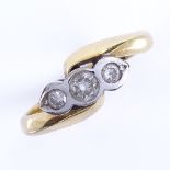 A late 20th century 18ct gold 3-stone diamond crossover ring, total diamond content approx 0.25ct,