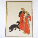 Zhang Daqian (1899 - 1983), lithograph, circa 1950s, Tibetan women with their dogs, sheet size 21" x