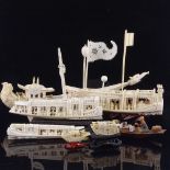 A group of 19th century Chinese ivory pleasure boats, largest length 29cm