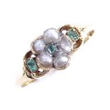 An early 19th century Georgian unmarked gold split pearl and emerald cluster ring, setting height