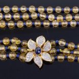 A late 20th century citrine and sapphire bead necklace, with diamond and cabochon sapphire set