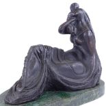 A patinated bronze modernist sculpture, in the manner of Henry Moore, unsigned, on marble plinth,