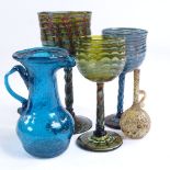 5 pieces of Venetian handmade latticino glass, largest goblet height 11cm, including a miniature