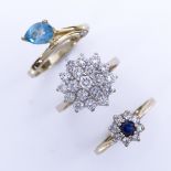 3 modern 9ct gold stone set dress rings, sizes N x 2, and P, 7.1g total (3) All in very good