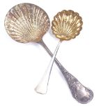A 19th century French silver strawberry serving spoon, and a German silver sugar sifter spoon,