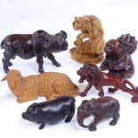 A group of Japanese carved wood animals, including buffalo, length 8cm (7)