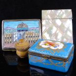 A Dresden painted and gilded porcelain box, 9cm across, a Victorian mother-of-pearl card case, a