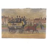 19th century oil on canvas, the Upper Clapton horse drawn omnibus, unsigned, 11" x 16.5", unframed