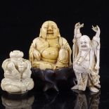 An Antique Chinese carved ivory seated Buddha on hardwood stand, height 10cm, an ivory Buddha with