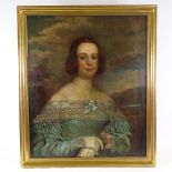19th century oil on canvas, portrait of a young woman, unsigned, 30" x 25", framed Re-lined,