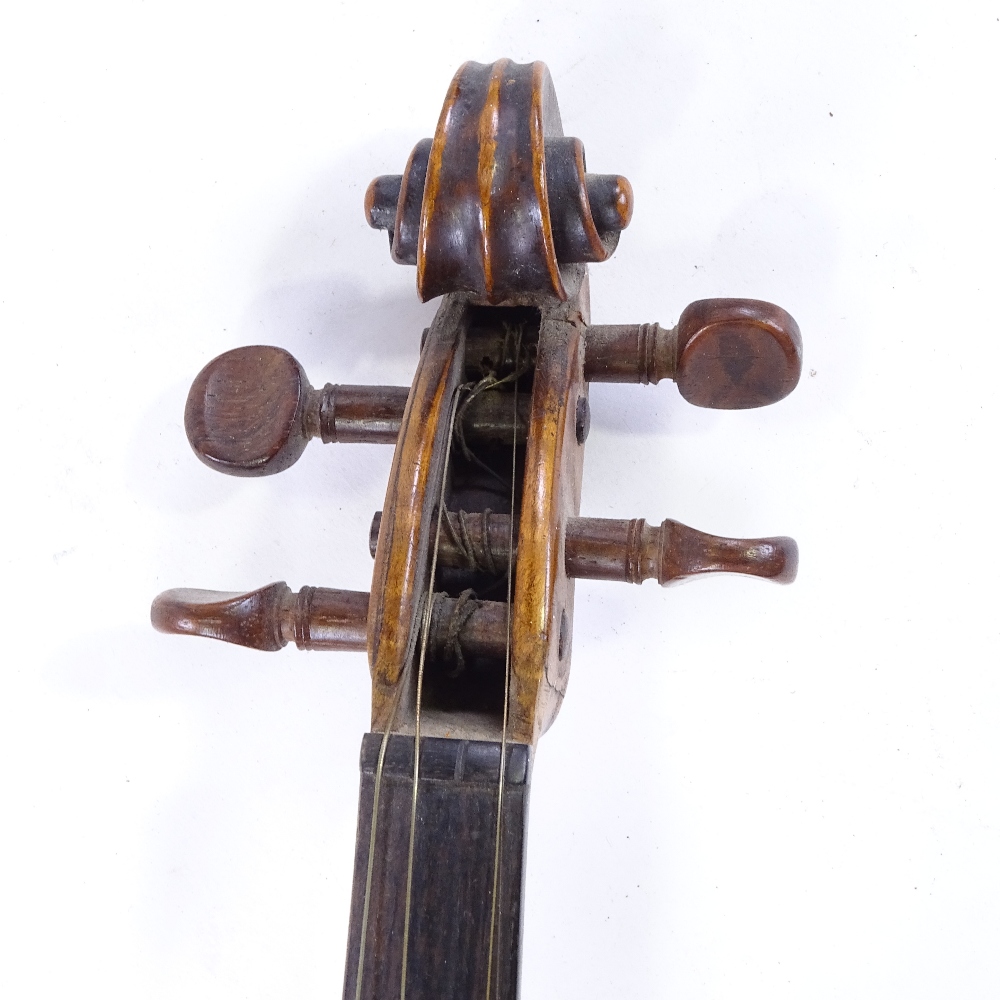 An 18th century violin, indistinct label with date 1703/09?, back length 35cm, with bow and case - Image 7 of 15