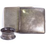 2 engine turned silver cigarette cases and a silver napkin ring, largest case length 10cm, 8.4oz
