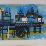 J M Downs, colour lino-cut, Eastbourne Pier, signed and dated '70, no. 7/10, 15" x 21", framed