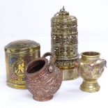 A Chinese pierced and engraved bronze incense burner and shade, height 15cm, and 3 other pieces of