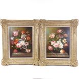 A pair of modern oils on board, Dutch style still life, indistinctly signed, 16" x 11.5", framed