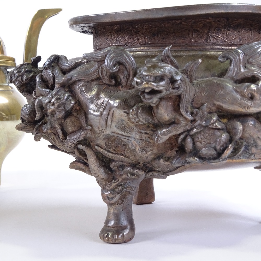 3 Chinese bronze censer, comprising a polished bronze censor with pierced cover, height 15cm, a cast - Image 2 of 3