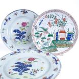 3 Chinese porcelain dishes with hand painted decoration, 22cm across