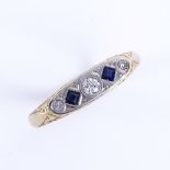 An early 20th century 18ct gold graduated 5-stone sapphire and diamond half hoop ring, setting