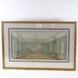 B Hookey, watercolour, architectural interior, 1925, signed, 11" x 21.5", framed Light foxing and