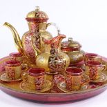 An impressive Moser gilded cranberry glass tea set on circular tray, with enamel butterfly