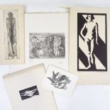 A group of 1930s prints, etchings, wood engravings, all indistinctly signed