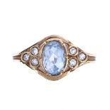 A modern 9ct gold aquamarine and diamond dress ring, setting height 10mm, size P, 2.8g Good