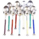 A matched set of 9 Norwegian sterling silver and harlequin enamel coffee spoons, spoon length 8.