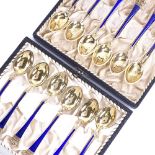 EGON LAURIDSEN - 2 sets of 6 Danish vermeil sterling silver and Royal blue enamel coffee spoons,