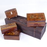 A group of boxes, including a Tunbridge Ware inlaid wood box, length 10cm, a Continental box with