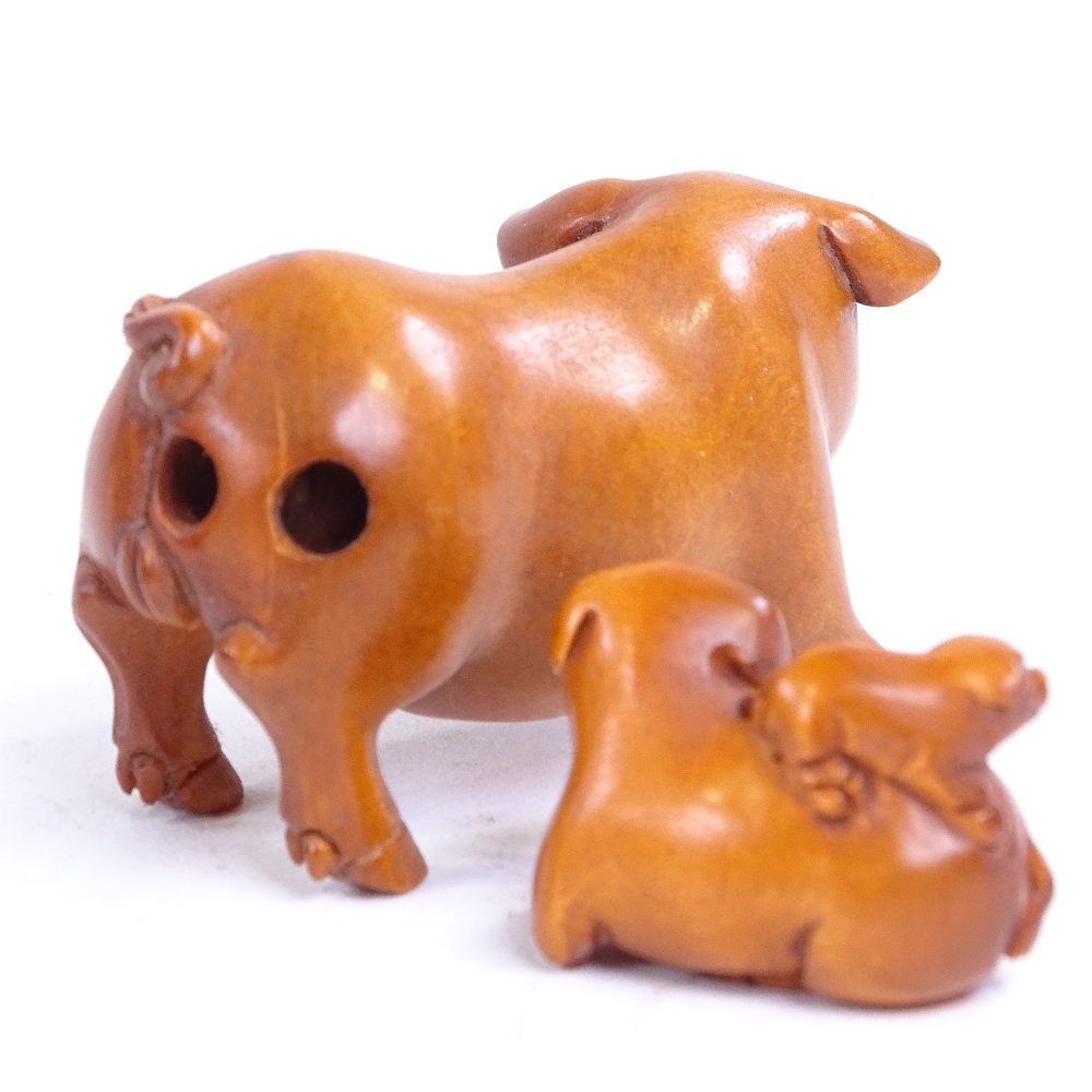 3 Japanese carved wood pig netsuke, largest length 5.5cm (3) - Image 2 of 3