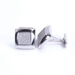 A modern pair of 18ct white gold diamond cluster cufflinks, square panels set with round brilliant-